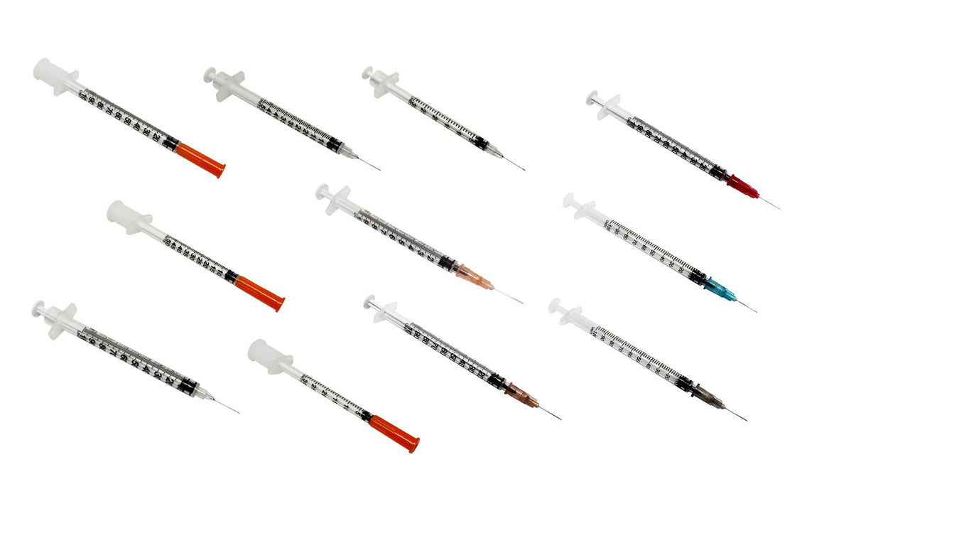 1ml syringe and needle 25g, 26g, 27g, 28g, 29g, 30g 0.5" 1/2 inch, 5/16 inch, 13mm, 8mm available RayMed