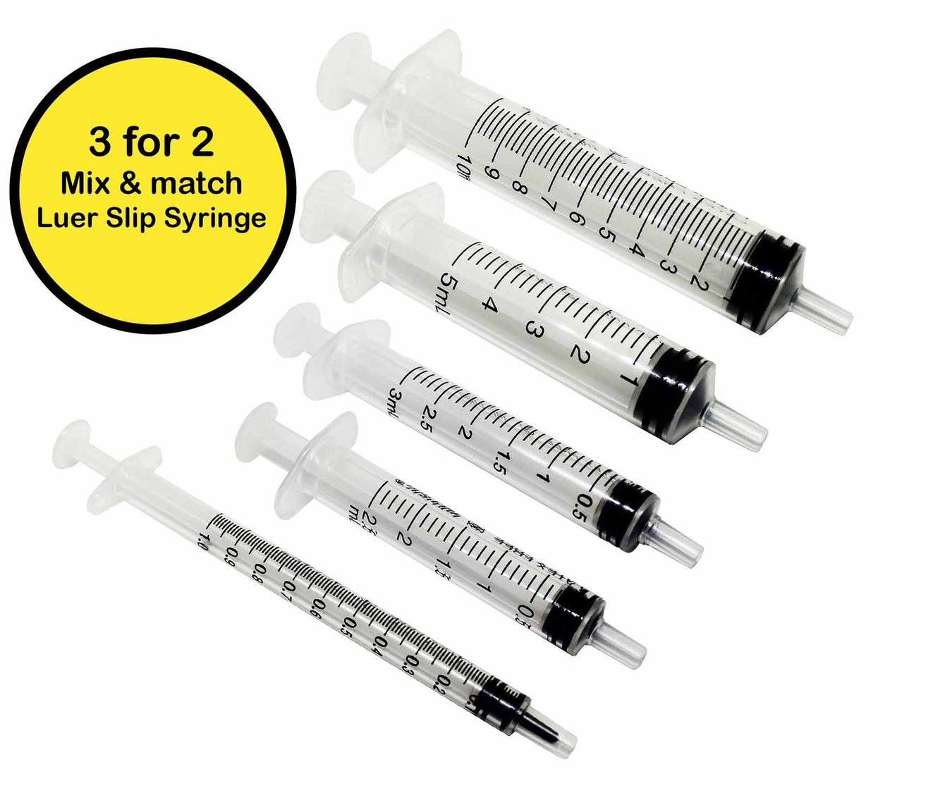 1ml syringe, 2ml syringe, 3ml syringe, 5ml syringe and 10ml syringe