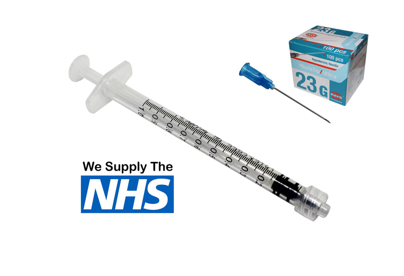 1ml luer lock syringe with 23g 30mm hypodermic needle for injection