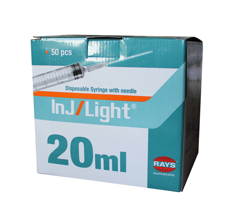 Rays InJ/Light 20ml Syringe With 20G Hypodermic Needle 1, 1/2" inch
